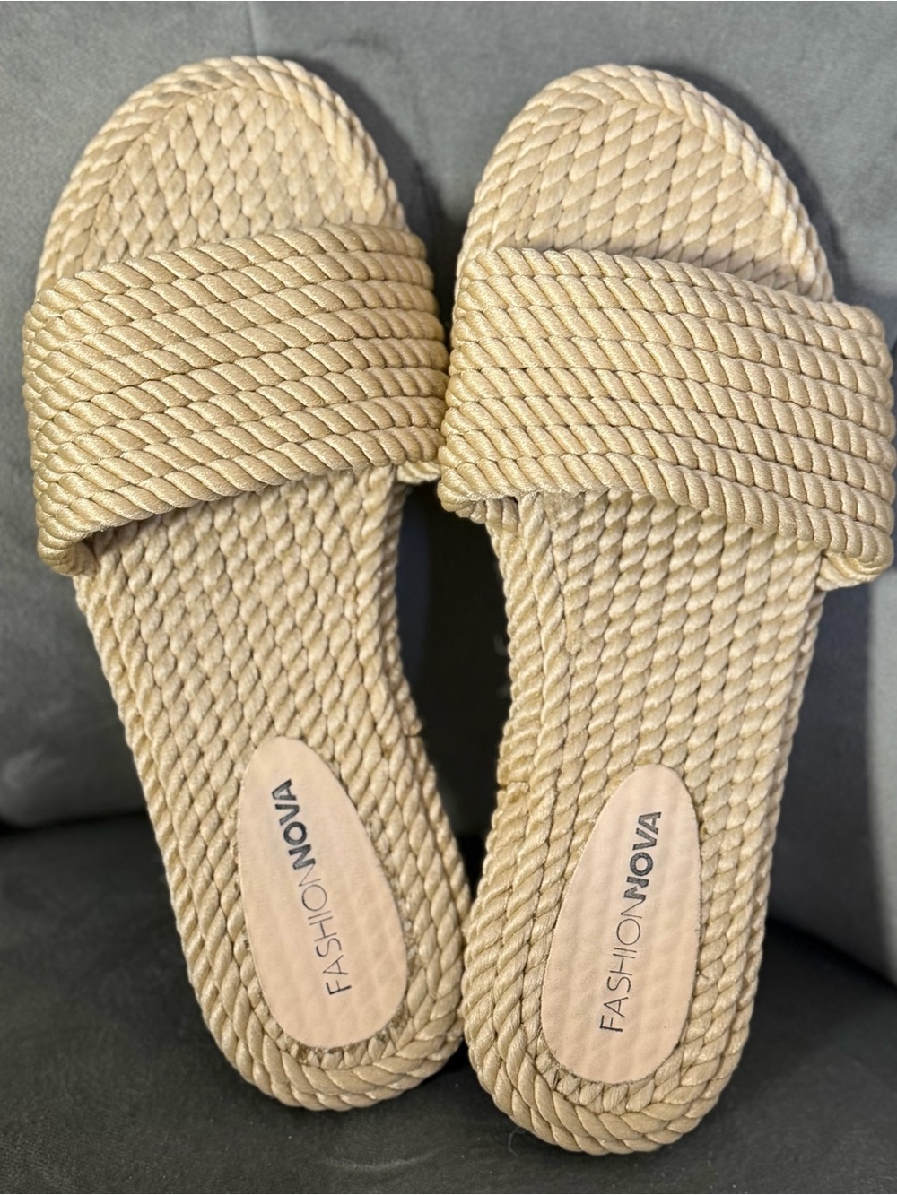 Fashion Nova Nude Woven Rope Slide Sandals Size 11 Coastal Quiet Luxury Beach